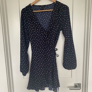 Long sleeve navy dot wrap dress